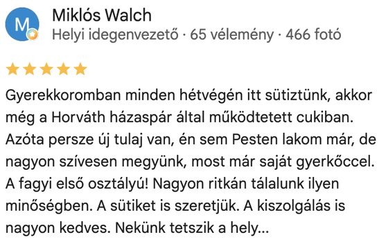 Google-értékelés, 5 csillag — Miklós Walch: „Gyerekkoromban minden hétvégén itt sütiztünk… A fagyi első osztályú!”