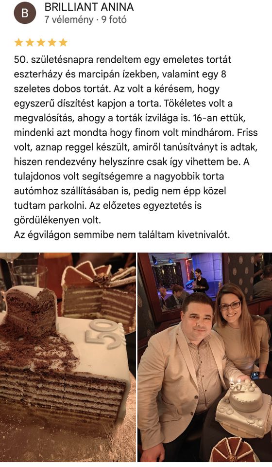 Google-értékelés, 5 csillag — Brilliant Anina: „50. születésnapra rendeltem emeletes tortát… semmibe nem találtam kivetnivalót.”